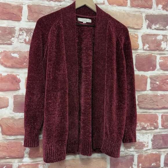 Ann Taylor Loft Cardigan Sweater Women's XS Burgundy Red Chenille Open Front - Picture 2 of 8